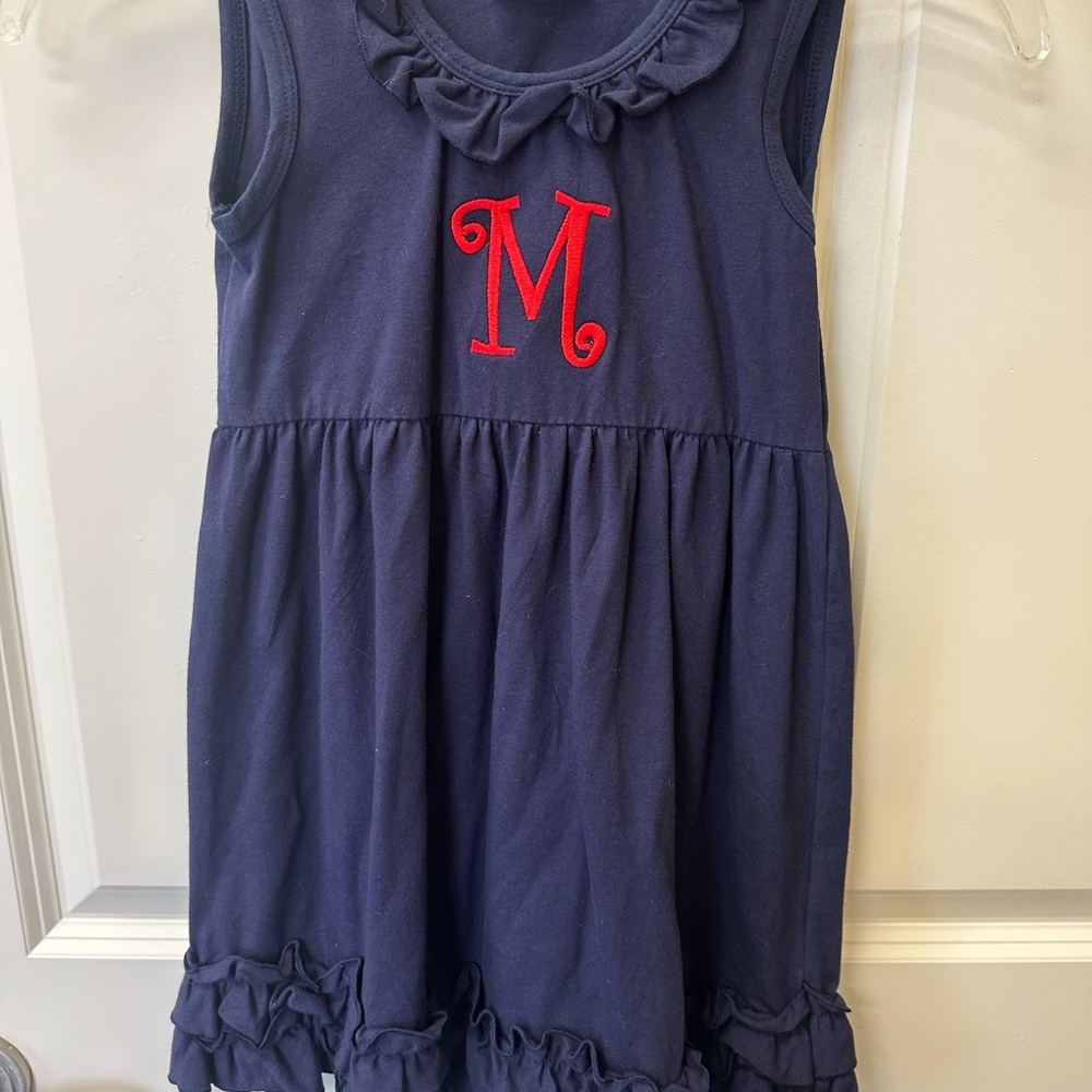 Stylish Navy Kids Dress with Red Accent “M” monogram size 7 girls